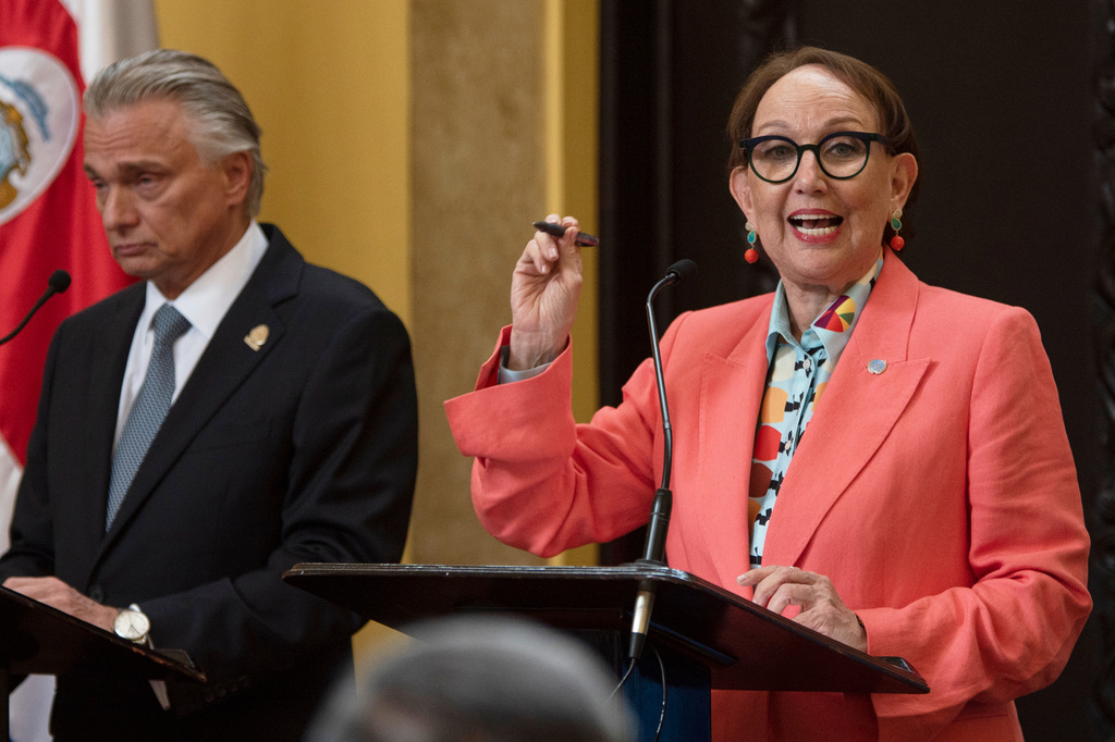 FILE - Former Vice President Rebeca Grynspan gives a news conference in San Jose, Costa Rica, Oct. 8, 2025. (AP Photo/Jose Diaz, File)
