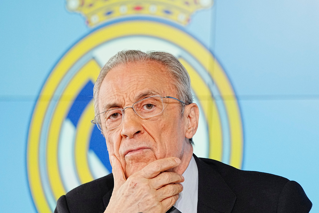 Real Madrid president Florentino Perez gives a press conference in Madrid, Tuesday, May 12, 2026. (AP Photo/Bernat Armangue)