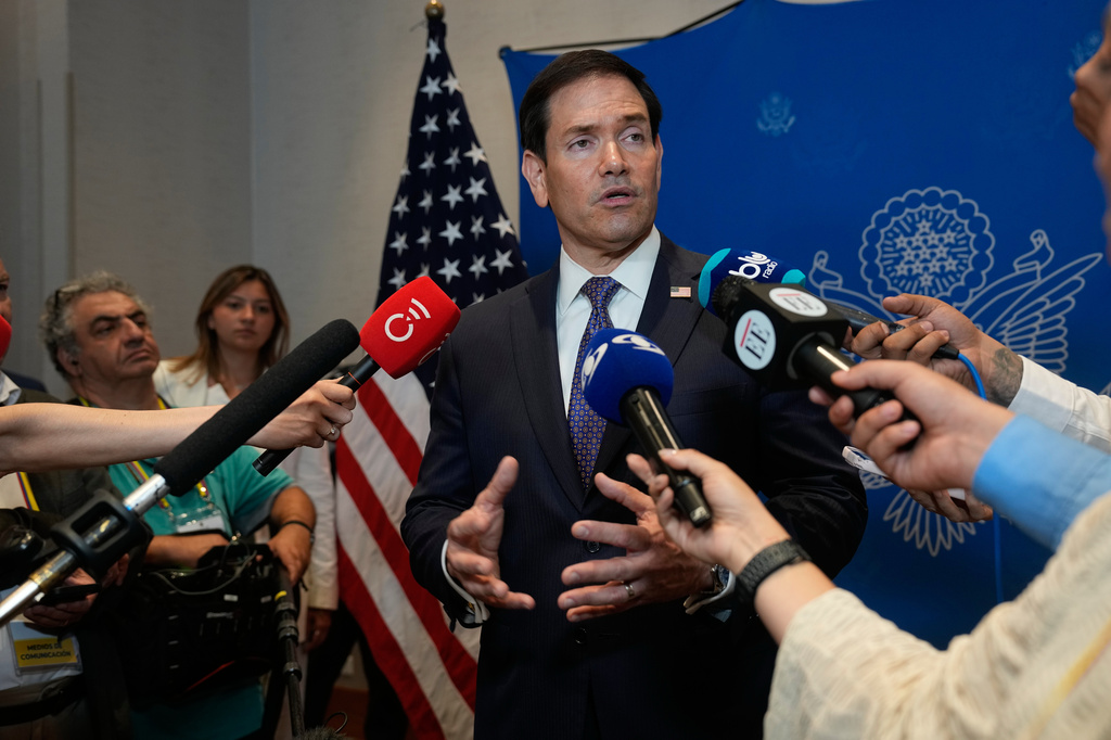 U.S. Secretary of State Marco Rubio meets with reporters in Barranquilla, Colombia, Tuesday, Sept. 8, 2026. (AP Photo/Fernando Vergara, Pool)