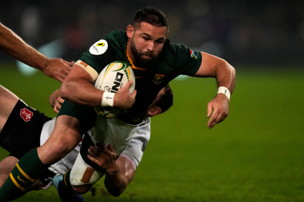 South Africa's Cobus Reinach scores a try during the Nations Championship Test rugby match between South Africa and Wales, in Durban, Saturday, July 18, 2026. (AP Photo/Themba Hadebe)