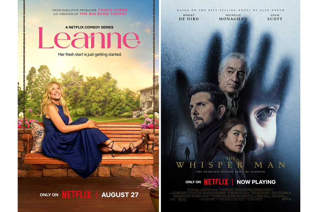 This combination of photos show promotional art for the comedy series "Leanne," left, and the film "The Whisper Man." (Netflix via AP)