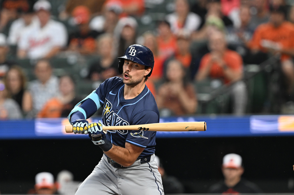 FILE - Tampa Bay Rays Josh Lowe bats against the Baltimore Orioles in a baseball game, Wednesday, Sept. 24, 2025, in Baltimore. (AP Photo/Gail Burton, File)