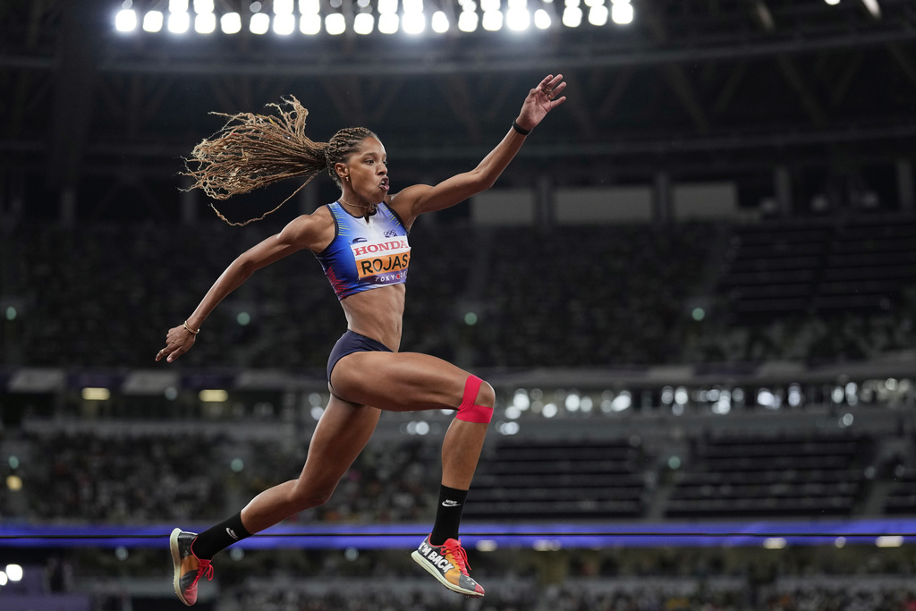Venezuela's Yulimar Rojas makes an attempt in the women's triple jump final at the World Athletics Championships in Tokyo, Thursday, Sept. 18, 2025. (AP Photo/Matthias Schrader)