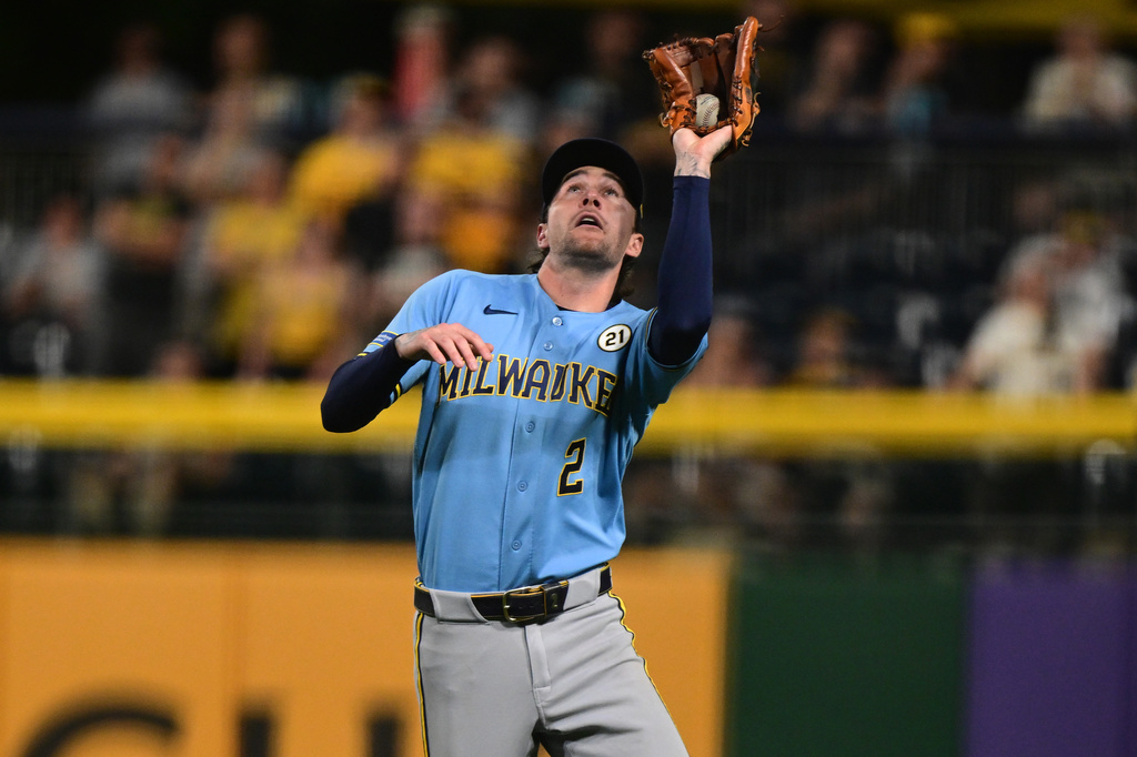 Milwaukee Brewers second baseman Brice Turang catches a ball hit by Pittsburgh Pirates' Konnor Griffin during the ninth inning of a baseball game, Tuesday, Sept. 15, 2026, in Pittsburgh. (AP Photo/David Dermer)