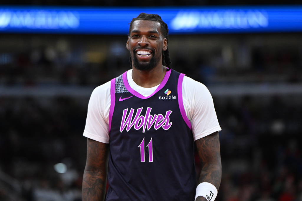 Minnesota Timberwolves' Naz Reid celebrates during the second half of an NBA basketball game against the Chicago Bulls, Monday, Dec. 29, 2025, in Chicago. (AP Photo/Paul Beaty)