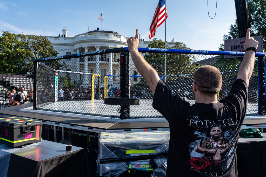 Members of the media view the arena for the UFC Freedom 250 fights on the South Lawn of the White House, Thursday, June 11, 2026, in Washington. (AP Photo/Alex Brandon)