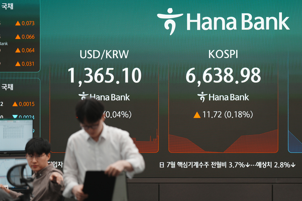 A dealer walks past near the screens showing the Korea Composite Stock Price Index (KOSPI) and the foreign exchange rate between U.S. dollar and South Korean won at a dealing room of Hana Bank in Seoul, South Korea, Wednesday, Sept. 16, 2026. (AP Photo/Lee Jin-man)