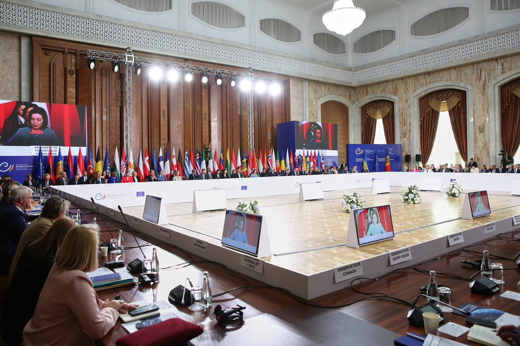 Participants attend the opening session of the 135th Ministerial Session of the Committee of Ministers of the Council of Europe in Chisinau, Moldova, Friday, May 15, 2026. (AP Photo/Elena Covalenco)
