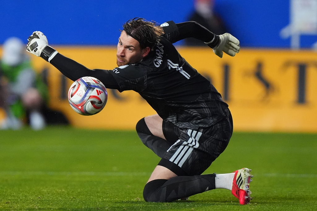 Toronto FC goalie Luka Gavran cannot stop a shot by FC Dallas forward Petar Musa, allowing a goal, during the first half of an MLS soccer match in Frisco, Texas, Saturday, Feb. 21, 2026. (AP Photo/LM Otero)