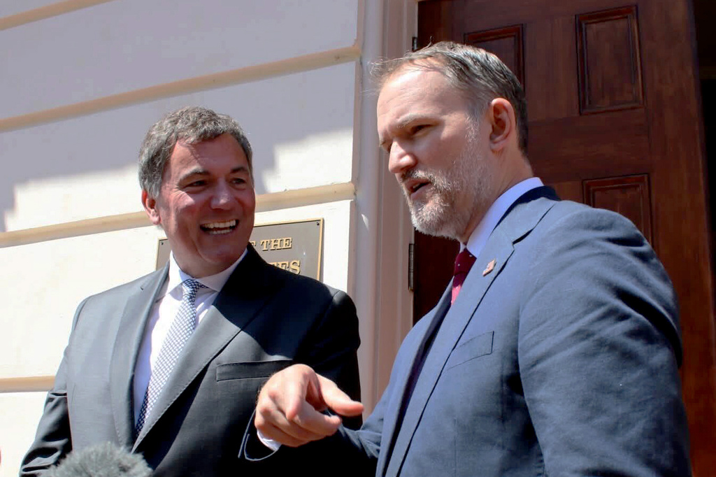 Canada-U.S. Trade Minister Dominic LeBlanc, left, and United States Trade Representative Jamieson Greer, speak to reporters in Washington, D.C., on Wednesday, Aug. 19, 2026, the day after the Trump administration temporarily delayed tariffs on Canada. (Kelly Geraldine Malone/The Canadian Press via AP)