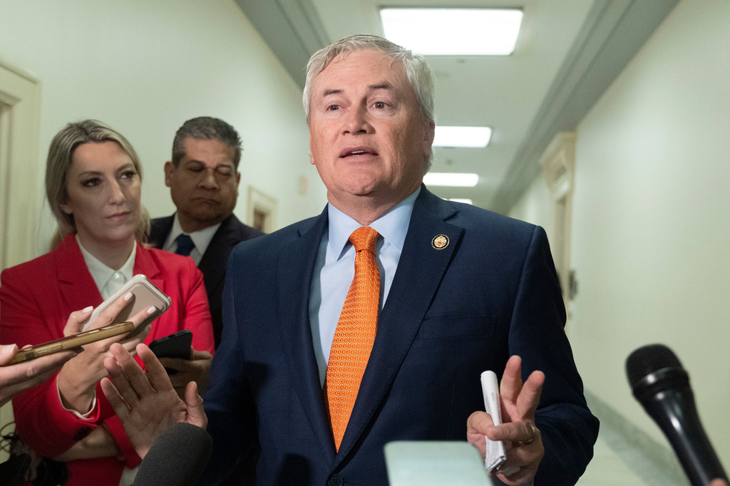 James Comer, R-Ky., House Oversight and Government Reform Committee Chairman, speaks to reporters before the start of the deposition of former Attorney General Pam Bondi at the Rayburn House Office Building on Capitol Hill, Friday, May 29, 2026, in Washington. (AP Photo/Manuel Ceneta)