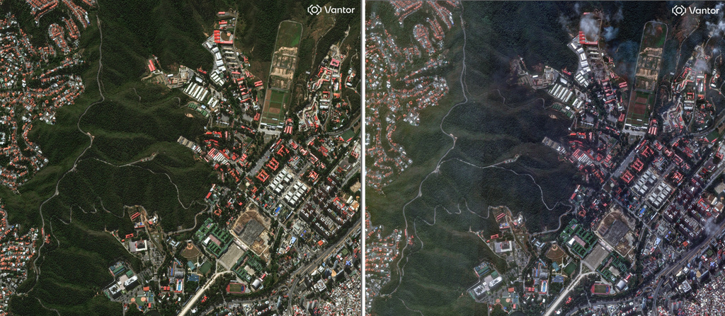 This satellite image provided by Vantor shows from left, the Fuerte Tiuna neighborhood of Caracas, Venezuela on Dec. 22, 2025 and Fuerte Tiuna neighborhood after U.S. strikes on Saturday, Jan. 3, 2026. (©2026 Vantor via AP)
