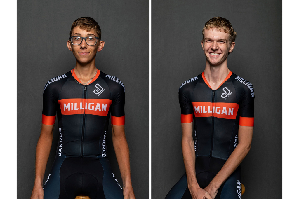 This combination of undated photos provided by Milligan University show student cyclists Haylan Engdahl, left, and Brayden Rogers, who were killed in a car crash in Hampton, Tenn., Wednesday, Aug. 19, 2026. (Milligan University via AP)