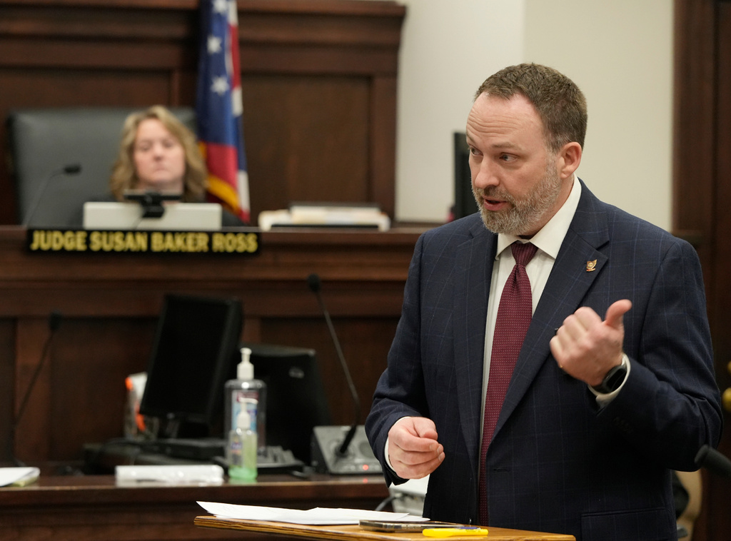 Assistant Ohio Attorney General Matthew Meyer presents his opening statement at the trial of defendant Michael Dowling, a former FirstEnergy Services Corp. Senior Vice President, and defendant Chuck Jones, a former FirstEnergy Corp. CEO, in Summit County Court of Common Pleas Judge Susan Baker Ross's courtroom, Tuesday, Feb. 3, 2026, in Akron, Ohio. (Mike Cardew/Akron Beacon Journal via AP, Pool)
