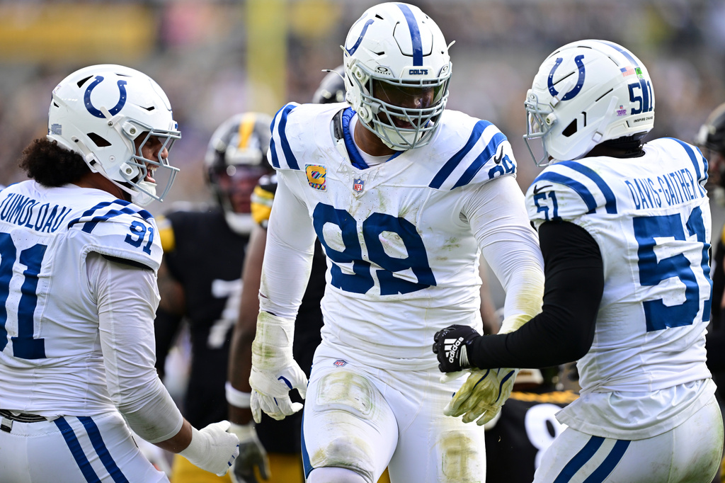 Indianapolis Colts defensive tackle DeForest Buckner (99) celebrates a sack against the Pittsburgh Steelers during the second half of an NFL football game in Pittsburgh, Sunday, Oct. 11, 2026. (AP Photo/David Dermer )