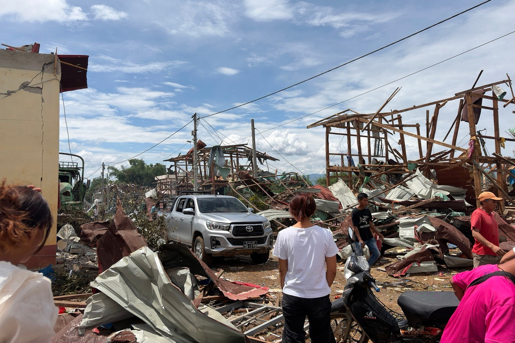 This handout photo provided by Ta'ang women organization shows debris caused by an explosion Namhkam township, Shan State, Myanmar, Sunday, May 31, 2026. (Ta'ang women organization via AP)