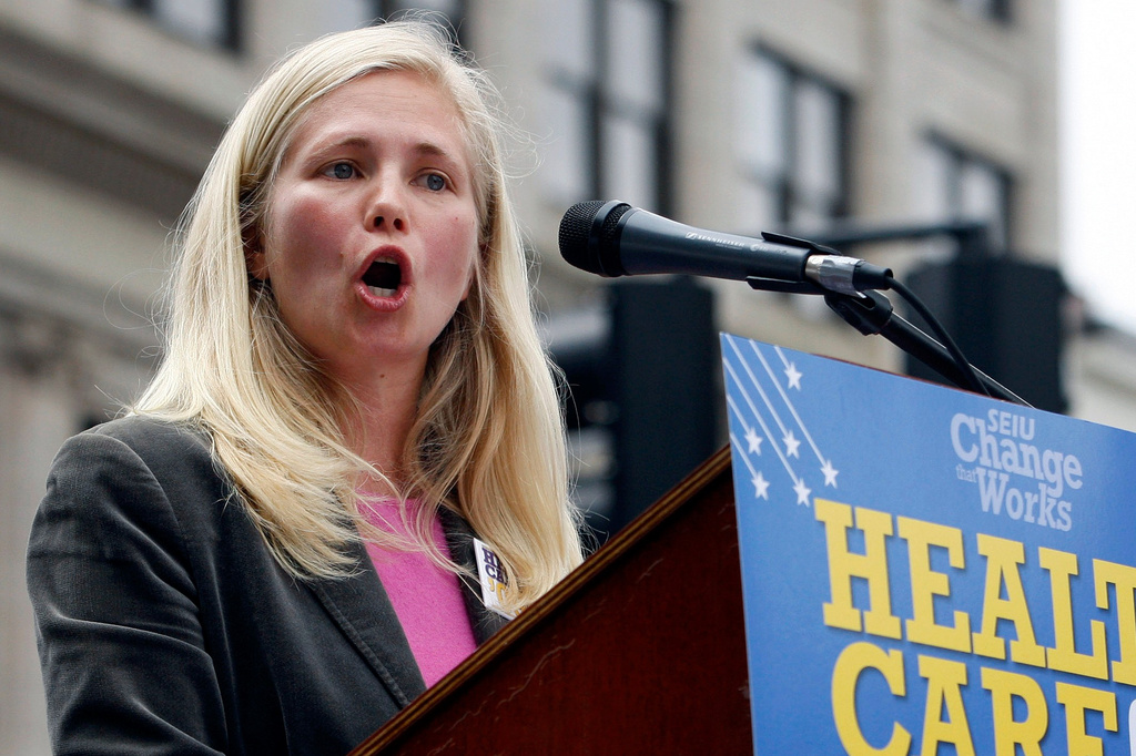 FILE - Maine House majority leader Hannah Pingree, D-North Haven, speaks at a rally for health care reform July 18, 2009, in Portland, Maine. (AP Photo/Robert F. Bukaty, File)