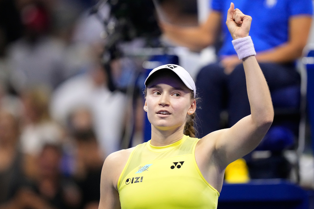 Elena Rybakina, of Kazakhstan, gestures after she won her match against Coco Gauff, of the United States, during the women's singles semifinals of the U.S. Open tennis championships Thursday, Sept. 10, 2026, in New York. (AP Photo/Frank Franklin II)
