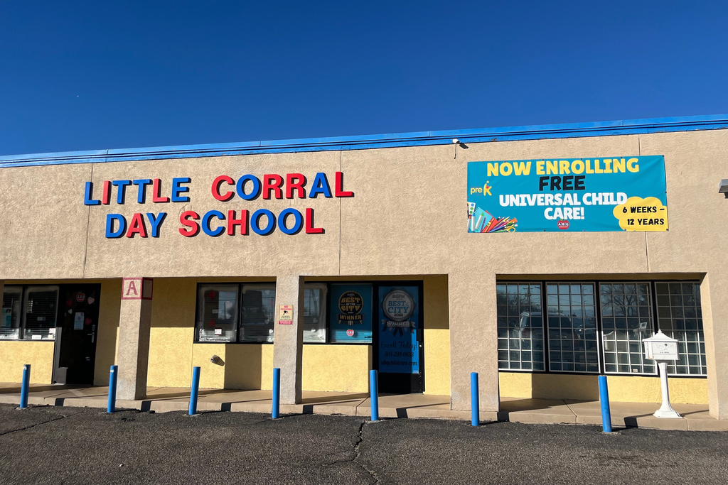 Little Corral Day School advertises free child care in Albuquerque, N.M., Thursday, Feb. 5, 2026. (AP Photo/Savannah Peters)