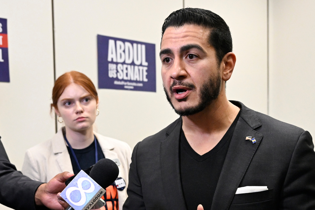FILE - Abdul El-Sayed, a progressive candidate in the Democratic primary for U.S. Senate in Michigan, answers a question during a press conference at the Michigan Democratic Party State Endorsement Convention, April 19, 2026, in Detroit. (AP Photo/Jose Juarez, File)