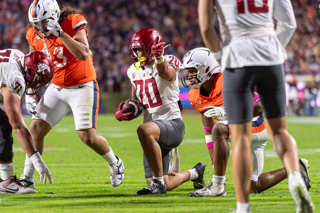 Washington State running back Leo Pulalasi (20) gains a first down against Virginia during the first half of an NCAA college football game, Saturday, Oct. 18 2025, in Charlottesville, Va. (AP Photo/Robert Simmons)