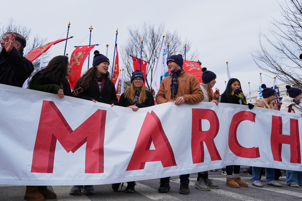 Anti-abortion demonstrators attend the annual March for Life, Friday, Jan. 23, 2026, in Washington. (AP Photo/Julia Demaree Nikhinson)
