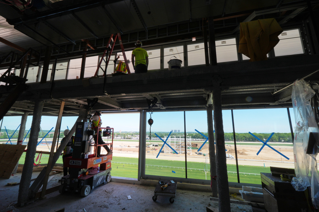 Construction continues at Belmont Park Tuesday, May 19, 2026, in Elmont, N.Y. (AP Photo/Frank Franklin II)