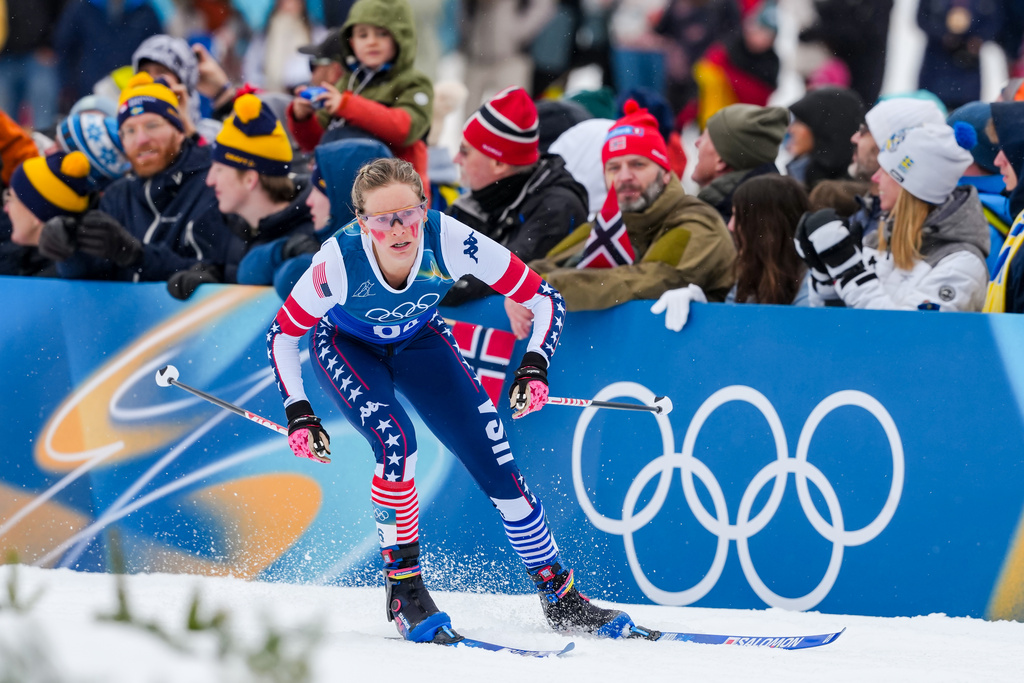 Jessie Diggins, of the United States, competes in the cross country skiing women's 4 x 7.5km relay at the 2026 Winter Olympics, in Tesero, Italy, Saturday, Feb. 14, 2026. (AP Photo/Kirsty Wigglesworth)