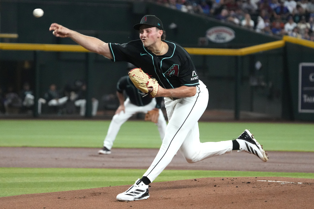 Arizona Diamondbacks pitcher Brandon Pfaadt throws against the Los Angeles Dodgers in the first inning of a baseball game, Saturday, Aug 8, 2026, in Phoenix. (AP Photo/Rick Scuteri)