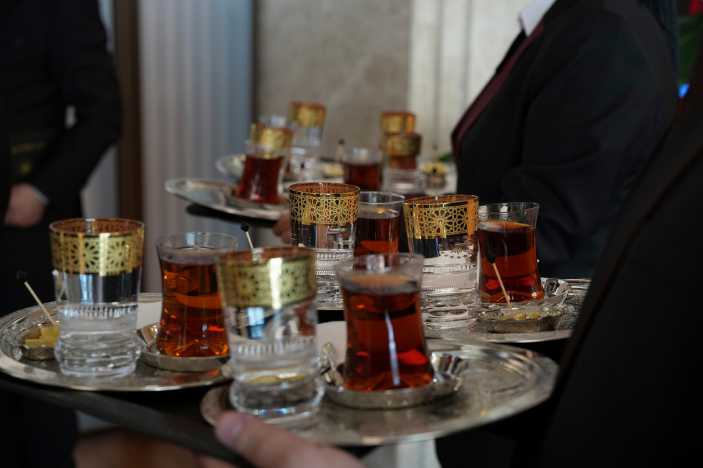Tea is served during a meeting between Britain's Prime Minister Keir Starmer and Turkish President Recep Tayyip Erdogan on the sidelines of the NATO summit in Ankara, Turkey, Wednesday, July 8, 2026. (AP Photo/Alastair Grant, Pool)