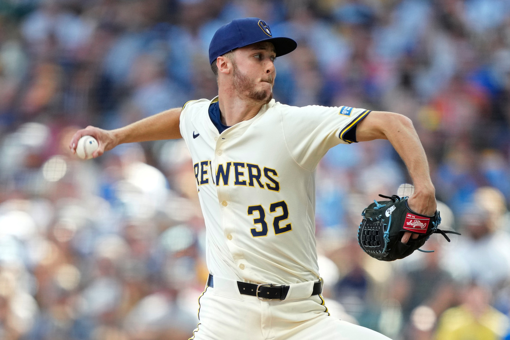 Milwaukee Brewers pitcher Jacob Misiorowski throws during the first inning of a baseball game against the Philadelphia Phillies, Monday, Sept. 1, 2025, in Milwaukee. (AP Photo/Kayla Wolf)