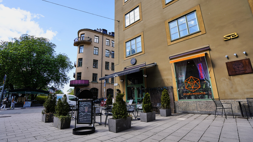 A general view of the entrance of the Andon Café at the Vasastan neighborhood in Stockholm, Sweden, Tuesday, May 5, 2026. (AP Photo/James Brooks)