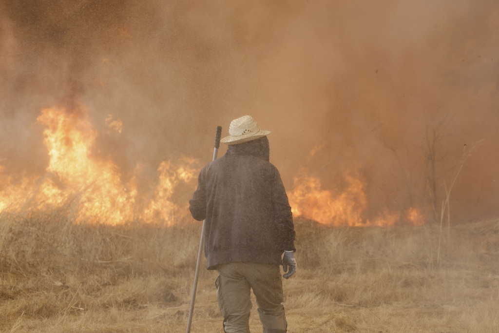 File - A man stands as he battles a wildfire in Veiga das Meas, northwestern Spain, Saturday, Aug. 16, 2025. (AP Photo/Lalo R. Villar, File)