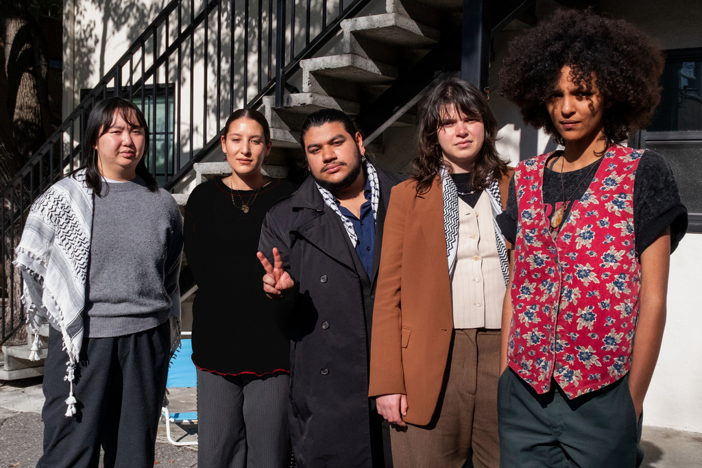 This photo provided by Luke Wigren shows Amy Zhai, from left, Taylor McCann, German Gonzalez, Hunter Taylor-Black and Maya Burke in San Jose, Calif., Feb. 5, 2026. (Luke Wigren via AP)