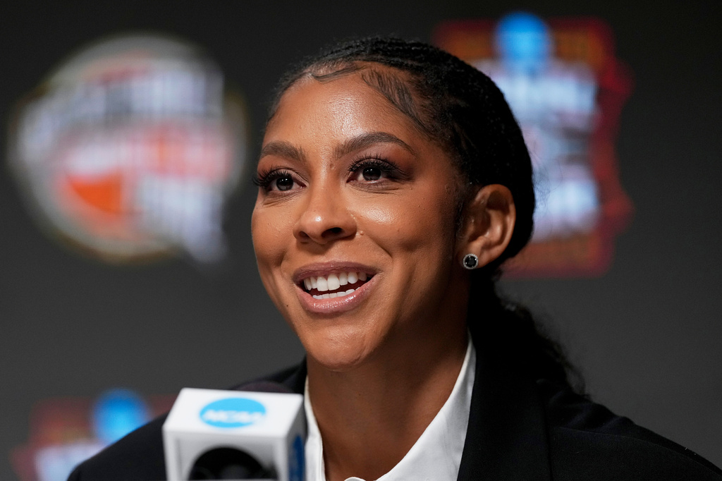FILE - Naismith Hall of Fame Class of 2026 inductee Candace Parker speaks during a news conference at the Final Four of the NCAA college basketball tournament, April 4, 2026, in Indianapolis. (AP Photo/Michael Conroy, File)