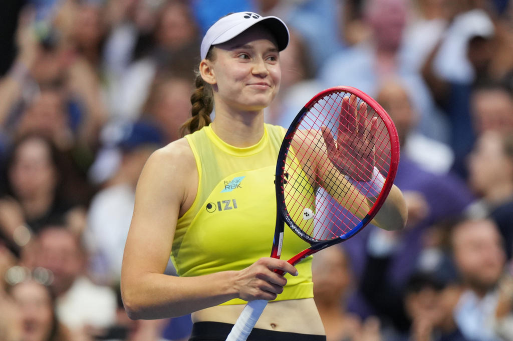 Elena Rybakina, of Kazakhstan, gestures after she won the women's singles final of the U.S. Open tennis championships against Aryna Sabalenka, of Belarus, Saturday, Sept. 12, 2026, in New York. (AP Photo/Kirsty Wigglesworth)