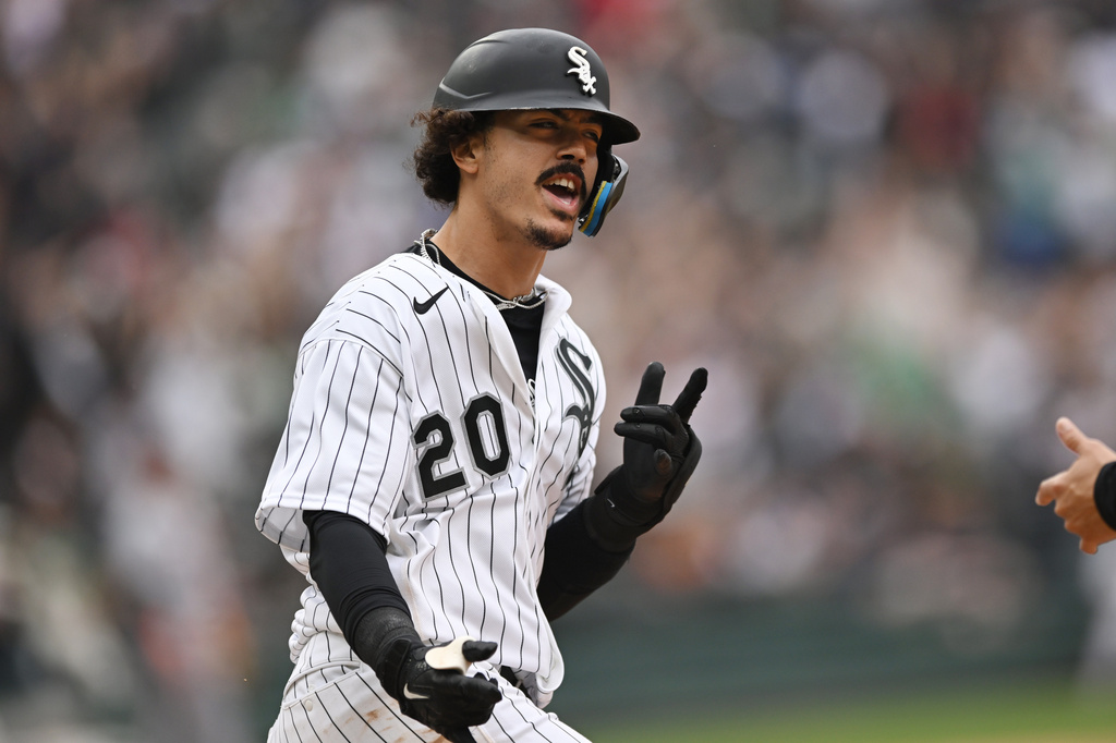 Chicago White Sox's Miguel Vargas celebrates while rounding first base after hitting a solo home run during the sixth inning of a baseball game against the Detroit Tigers Saturday, Sept. 19, 2026, in Chicago. (AP Photo/Paul Beaty)