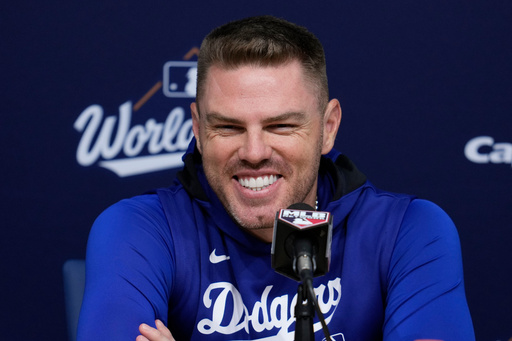 Los Angeles Dodgers' Freddie Freeman speaks prior to Game 5 of baseball's World Series against the Toronto Blue Jays, Wednesday, Oct. 29, 2025, in Los Angeles. (AP Photo/Ashley Landis) Los Angeles Dodgers' Freddie Freeman speaks prior to Game 5 of baseball's World Series against the Toronto Blue Jays, Wednesday, Oct. 29, 2025, in Los Angeles. (AP Photo/Ashley Landis)