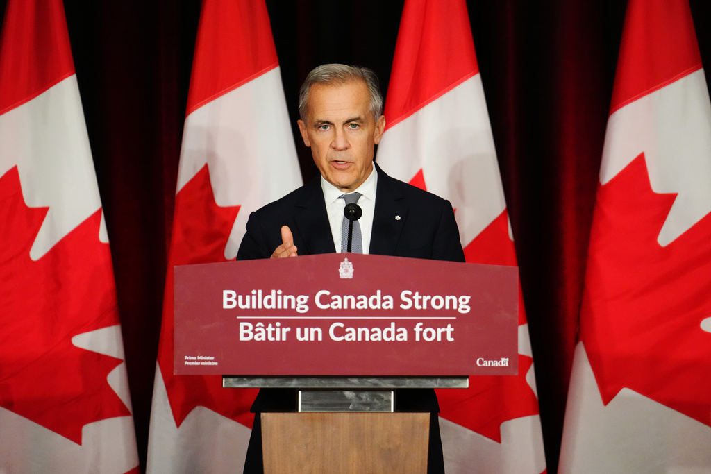 Canada Prime Minister Mark Carney makes a live address on Canada's plan to build a stronger economy in advance of the 2025 Budget, at the University of Ottawa in Ottawa on Wednesday, Oct. 22, 2025. (Sean Kilpatrick/The Canadian Press via AP)