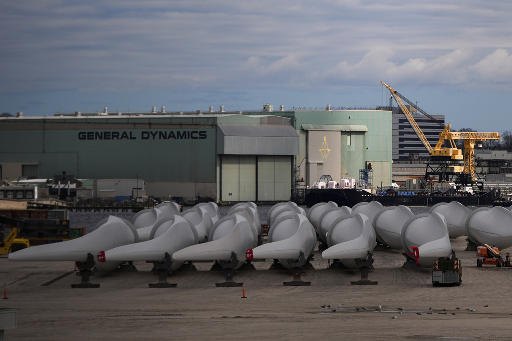 FILE - Wind turbine components sit at New London State Pier, April 16, 2025, in New London, Conn. (AP Photo/Julia Demaree Nikhinson, File)