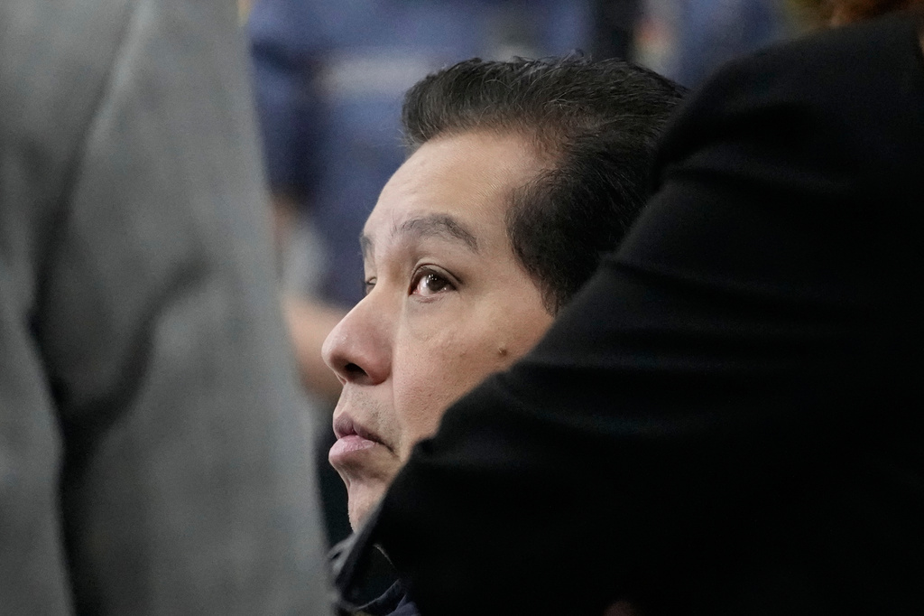 Philippines former House Speaker Martin Romualdez, a cousin of President Ferdinand Marcos Jr., waits for the start of his arraignment via video conference at the Quezon City Jail in Quezon, Philippines, Wednesday, Sept. 16, 2026. (AP Photo/Aaron Favila, Pool)