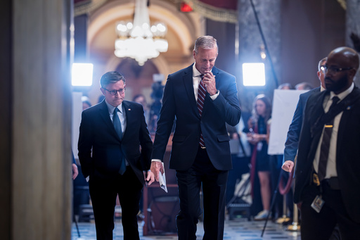 Speaker of the House Mike Johnson, R-La., left, and Senate Majority Leader John Thune, R-S.D., return to their offices after meeting with reporters on the third day of the government shutdown, at the Capitol in Washington, Friday, Oct. 3, 2025. (AP Photo/J. Scott Applewhite) Speaker of the House Mike Johnson, R-La., left, and Senate Majority Leader John Thune, R-S.D., return to their offices after meeting with reporters on the third day of the government shutdown, at the Capitol in Washington, Friday, Oct. 3, 2025. (AP Photo/J. Scott Applewhite)