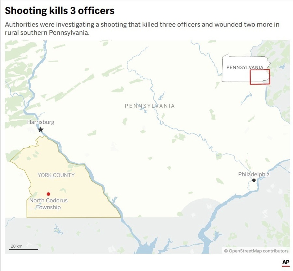 Authorities say three police officers were fatally shot and two wounded in southern Pennsylvania, and the shooter was killed by police.. (AP Digital Embed)