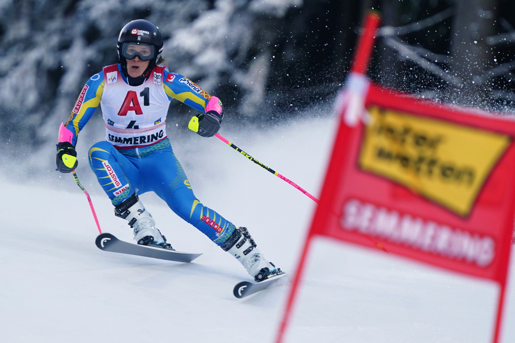 Sweden's Sara Hector competes during an alpine ski, women's World Cup giant slalom, in Semmering, Austria, Saturday, Dec. 27, 2025. (AP Photo/Pier Marco Tacca)