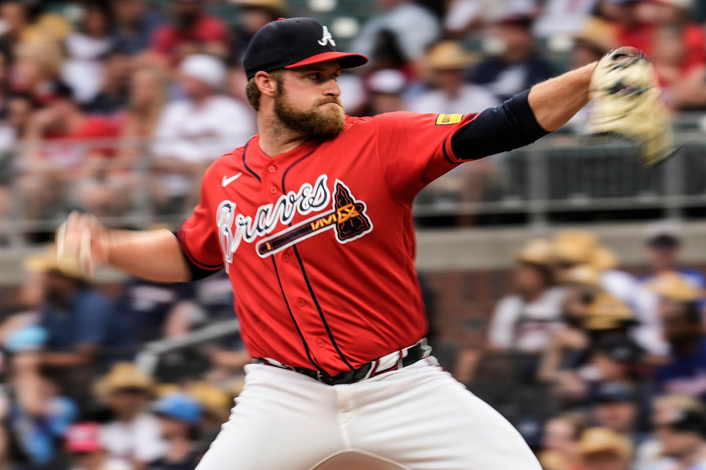 Atlanta Braves pitcher Bryce Elder works in the second inning of a baseball game against the Washington Nationals, Friday, May 22, 2026, in Atlanta. (AP Photo/Mike Stewart)