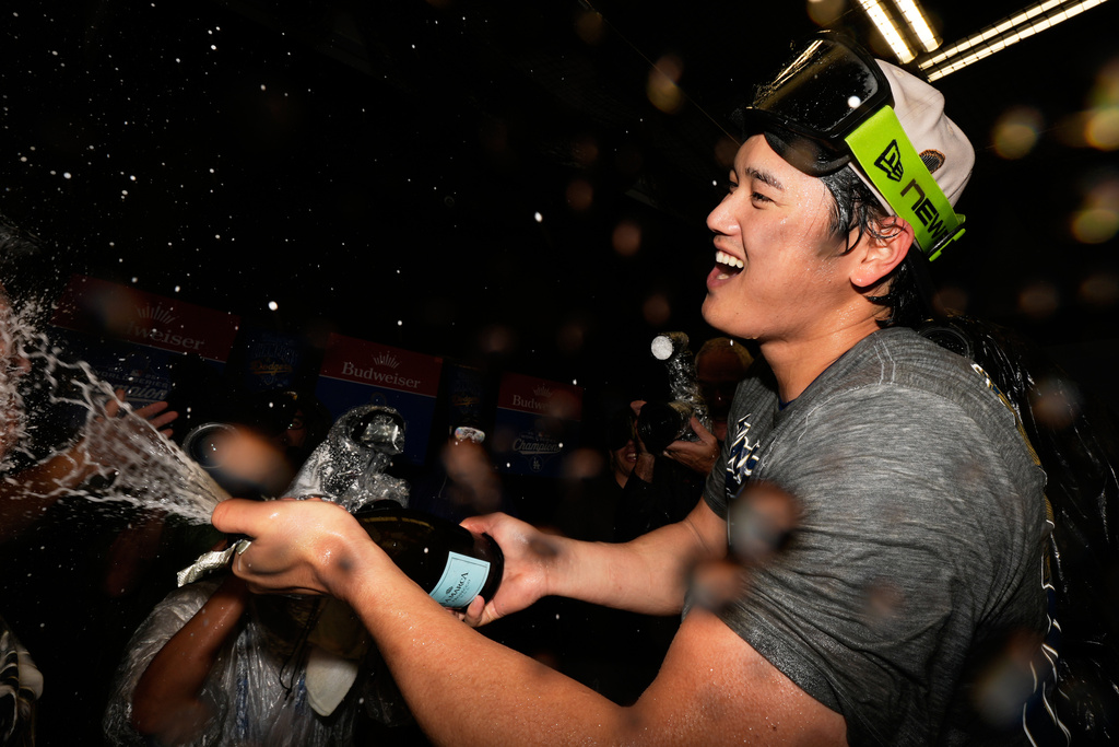 Los Angeles Dodgers pitcher Shohei Ohtani celebrates after their win against the Toronto Blue Jays in Game 7 of baseball's World Series, Sunday, Nov. 2, 2025, in Toronto. (AP Photo/Brynn Anderson)