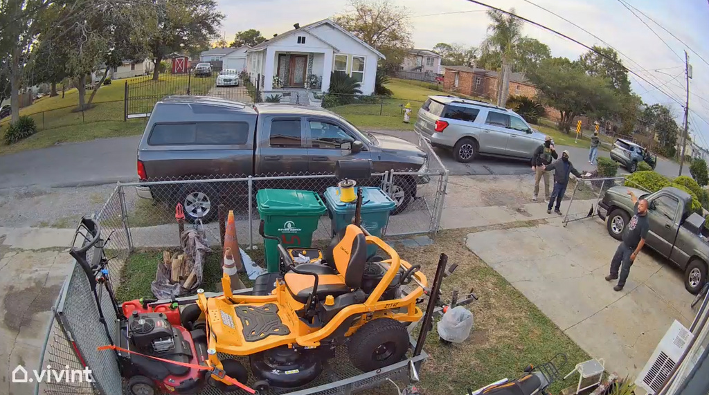 This cam footage provided by Juan Anglin shows Anglin confronting federal agents after watching agents chase Jacelynn Guzman, his U.S. citizen step-daughter, outside his home, in Marrero, La., Wednesday, Dec. 3, 2025. (Juan Anglin via AP)