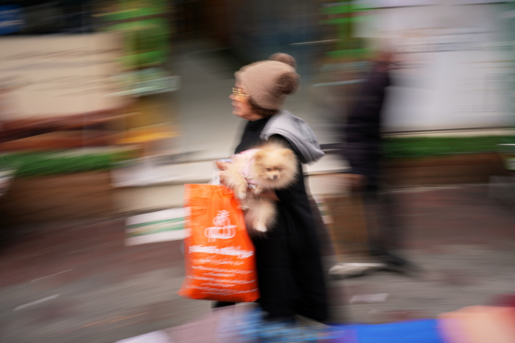 A woman carries her pet as she walks along a street market near Tajrish Bazaar in Tehran, Iran, Tuesday, April 7, 2026. (AP Photo/Francisco Seco)