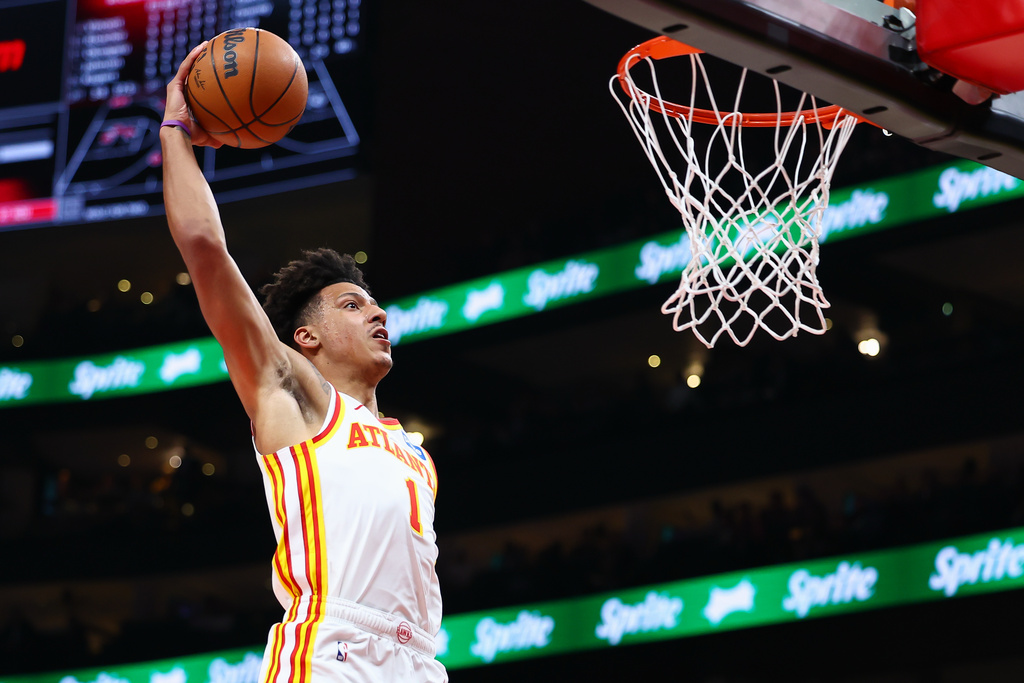 Atlanta Hawks forward Jalen Johnson gets ready to dunk during the first half of an NBA basketball game against the Brooklyn Nets, Thursday, March 12, 2026, in Atlanta. (AP Photo/Colin Hubbard)