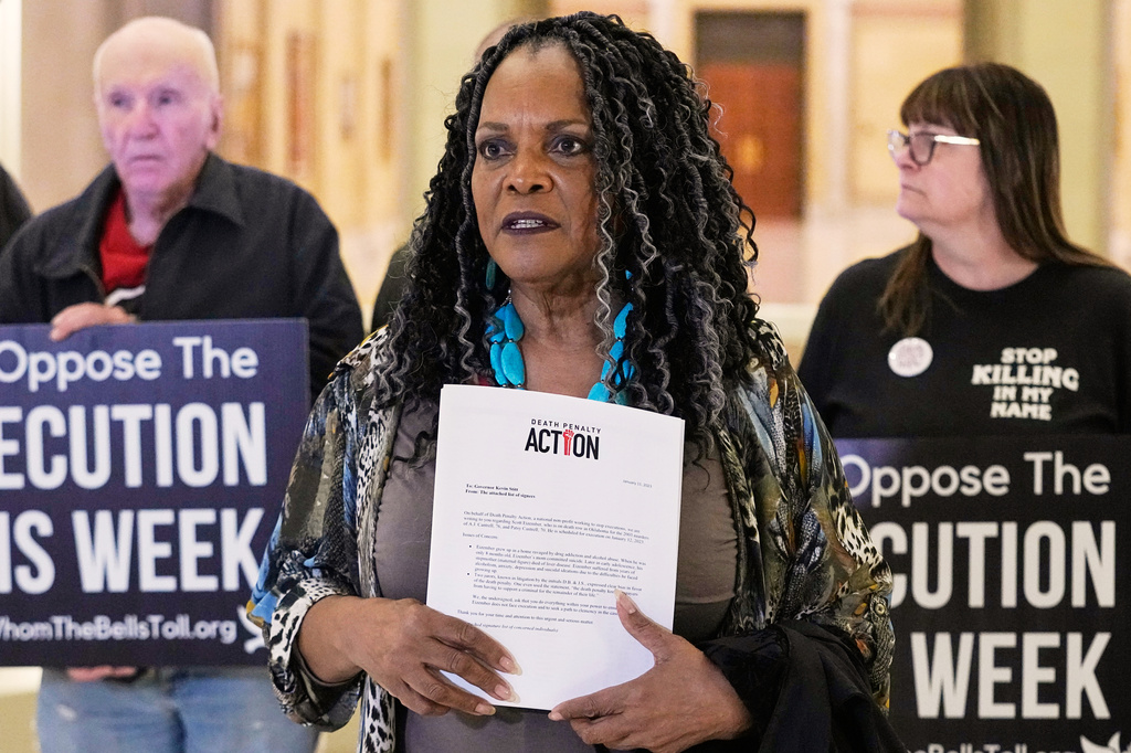 FILE - Former Oklahoma state Sen. Connie Johnson address the media before protestors deliver petitions against the death penalty to the office of Oklahoma Gov. Kevin Stitt, Jan. 11, 2023, in Oklahoma City. (AP Photo/Sue Ogrocki, File)